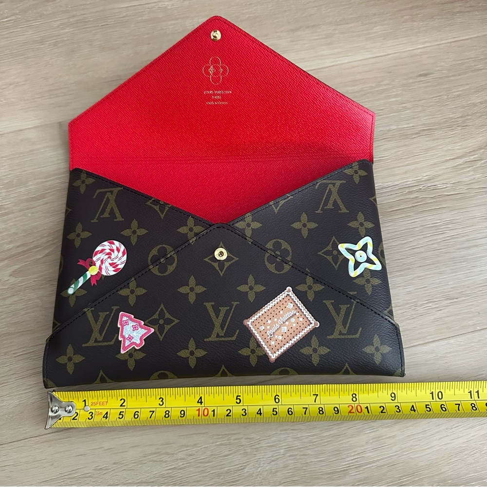 Louis Vuitton Monogram Clutch with Red Interior and Patches large size.